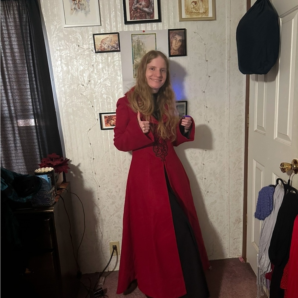 Punk Rave Gothic Red Coat with Bell Sleeves and Lace-up Back, Black Embroidery